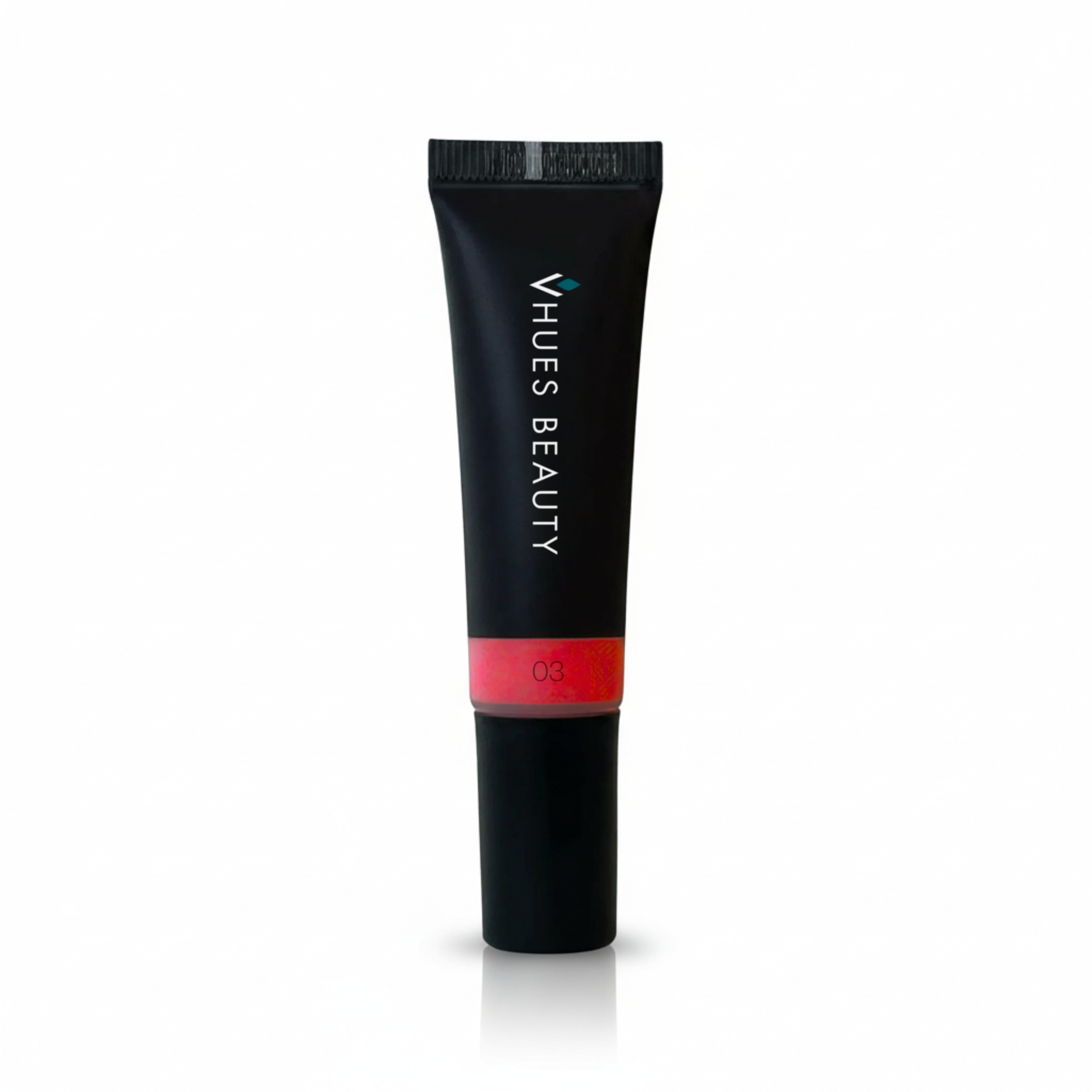 Black cosmetic tube with red cap labeled 'Vhues Beauty' on a white background