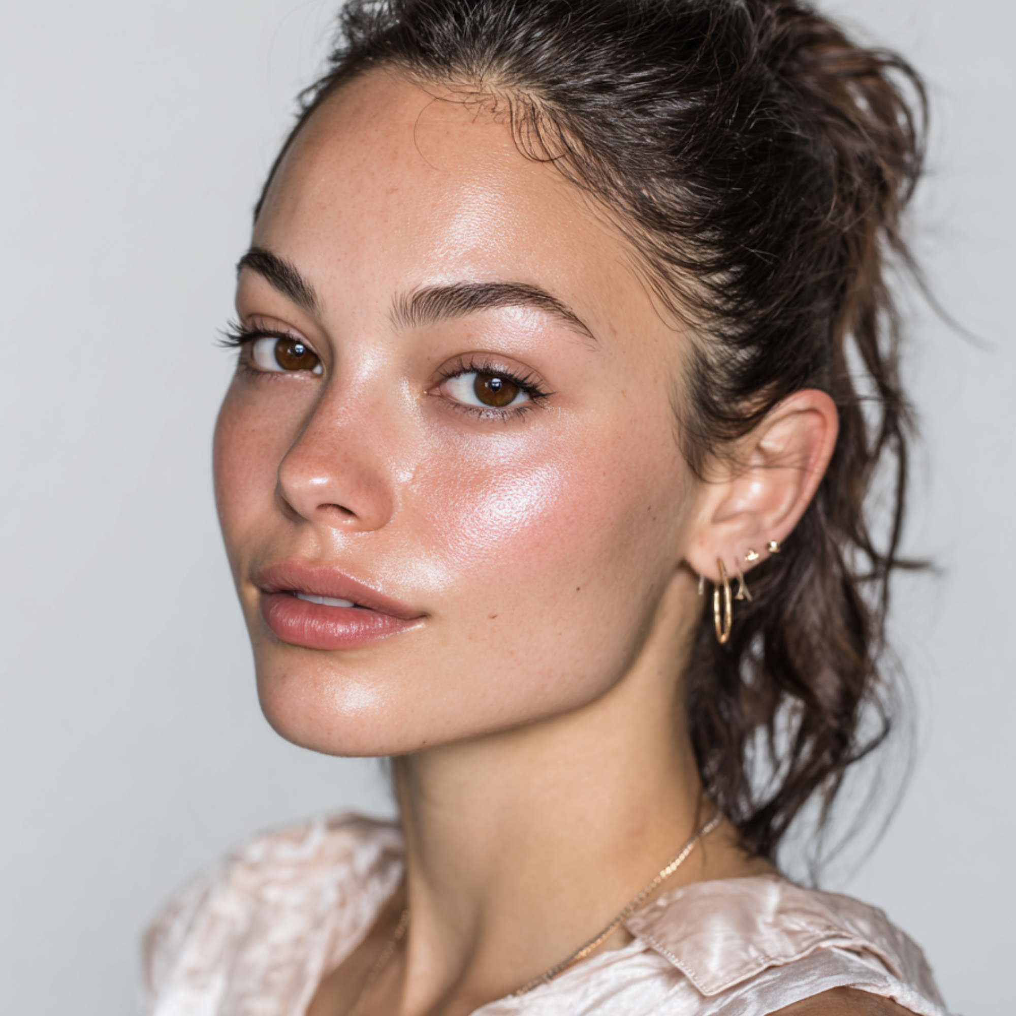 Close-up of a woman with a neutral expression against a plain background