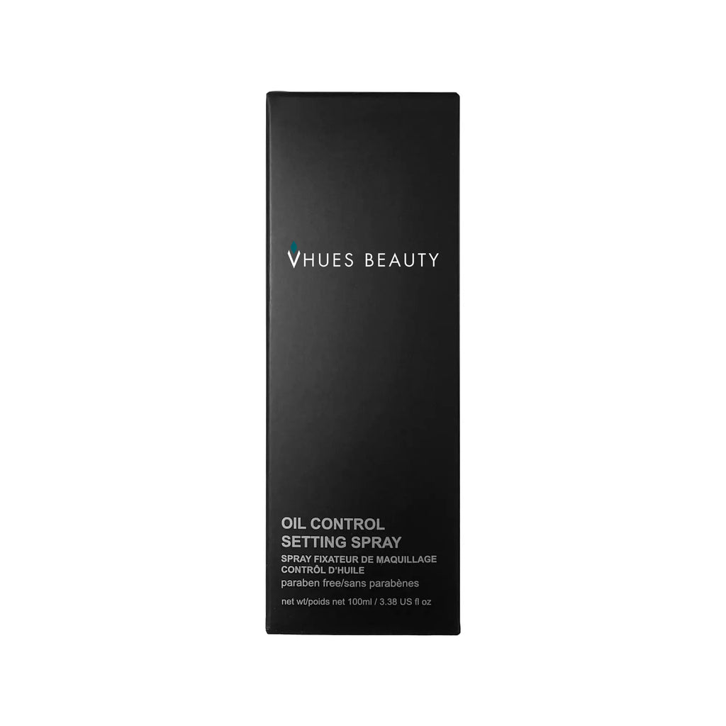 Vhues Beauty oil control setting spray packaging on a white background