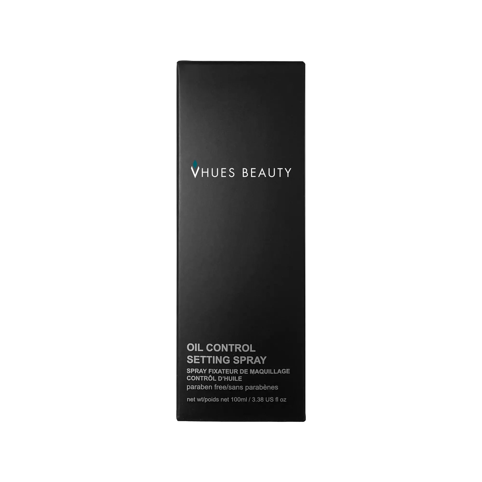 Vhues Beauty oil control setting spray packaging on a white background