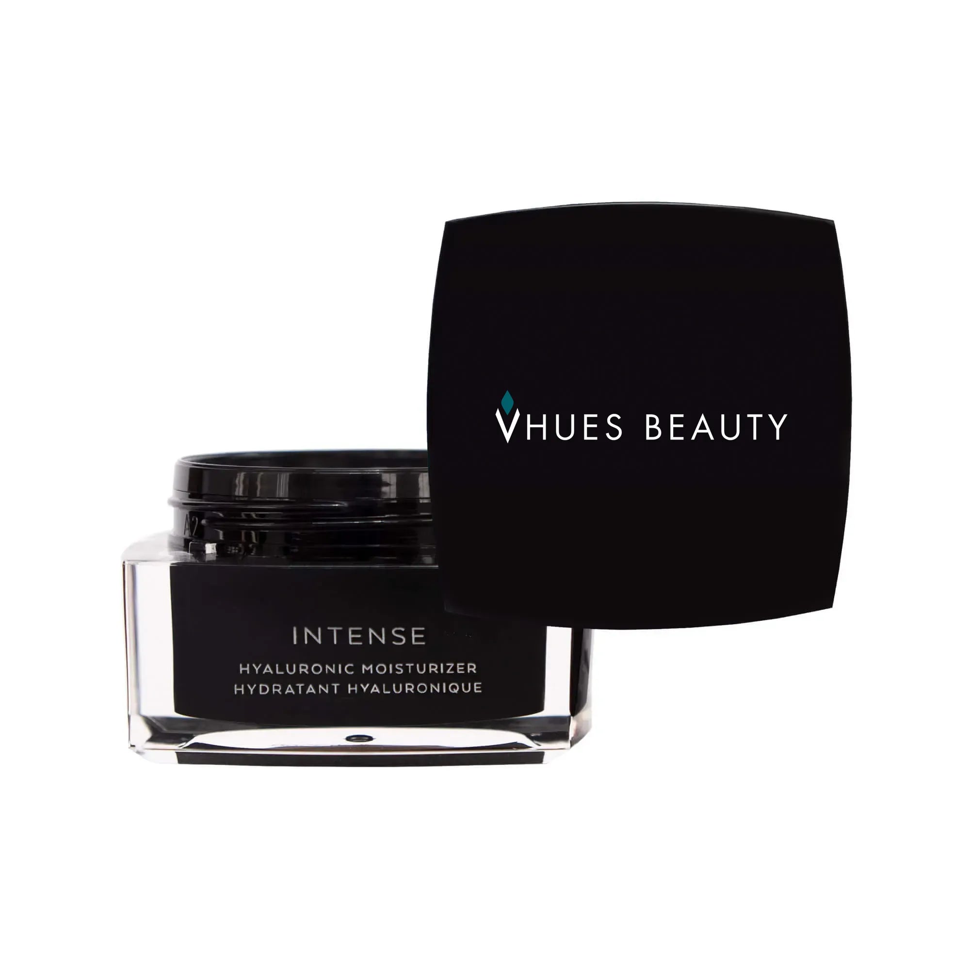 Black jar of VHUES BEAUTY Intense Hyaluronic Moisturizer with black lid on a white background