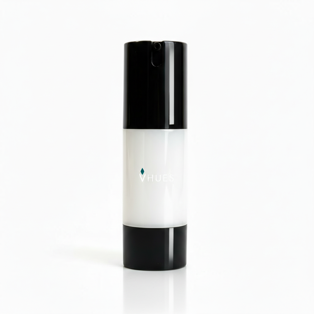 Skincare bottle with black cap and white body on a white background