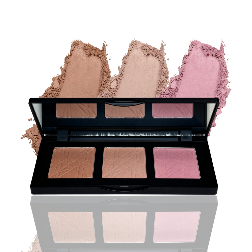 Makeup palette with blush shades on a white background
