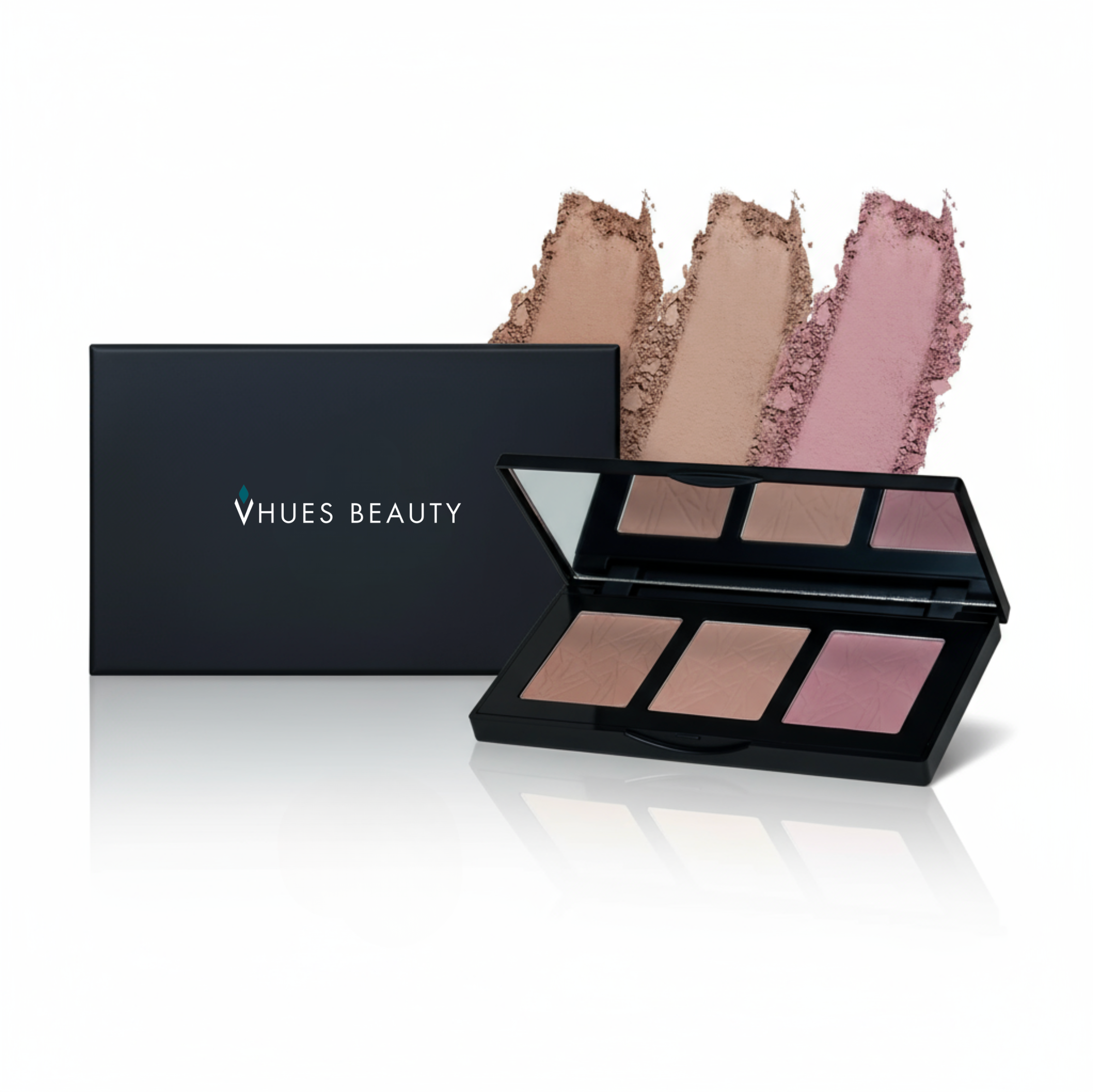 Makeup palette with swatches and Vhues Beauty packaging on a white background