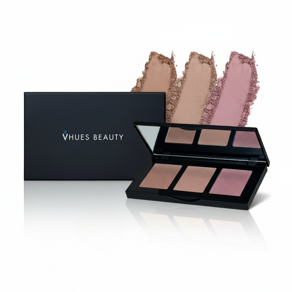 Makeup palette with swatches and Vhues Beauty packaging on a white background