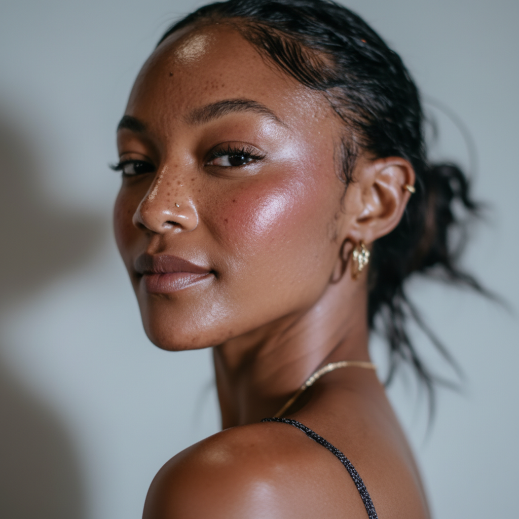 Woman with a neutral expression wearing gold earrings and a necklace against a blurred background