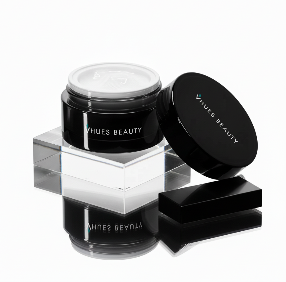 Black beauty product jar with 'Vhues Beauty' branding on a white background