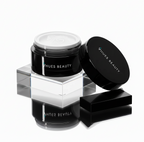 Black beauty product jar with 'Vhues Beauty' branding on a white background