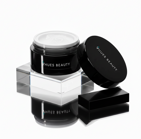 Black beauty product jar with 'Vhues Beauty' branding on a white background